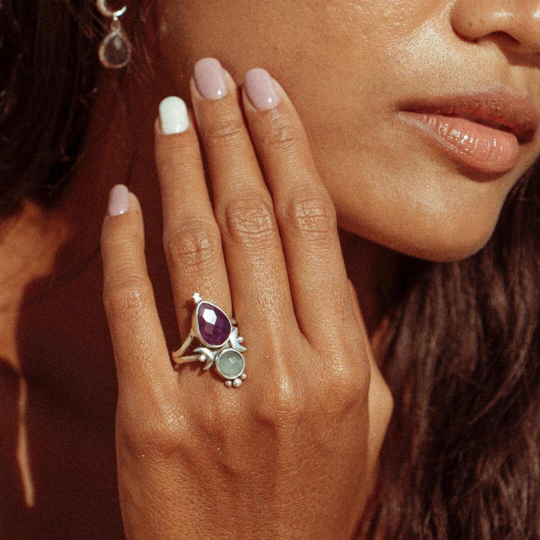 Δαχτυλίδι Αστεριών και Φεγγαριού με Ακουαμαρίνα & Αμέθυστο