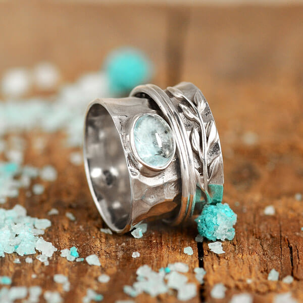 Δαχτυλίδι Spinner με Ακουαμαρίνα και Ασημένιο Φύλλο 925