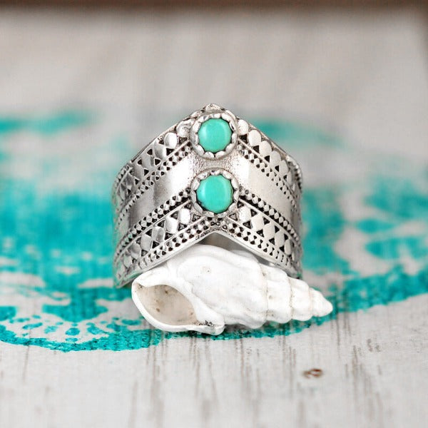 Δαχτυλίδι Boho Chevron με Πράσινο Τυρκουάζ από Ασημένιο Σterling