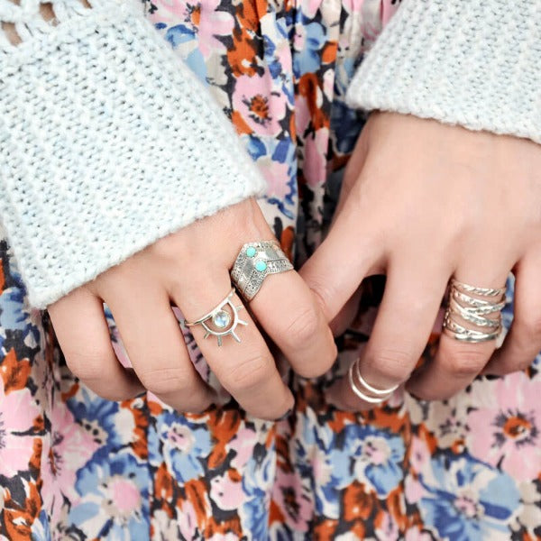 Δαχτυλίδι Boho Chevron με Πράσινο Τυρκουάζ από Ασημένιο Σterling