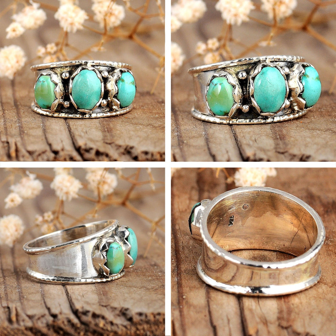 Δαχτυλίδι Αυθεντικού Τουρκουάζ με Τρεις Λίθους από Ασήμι 925